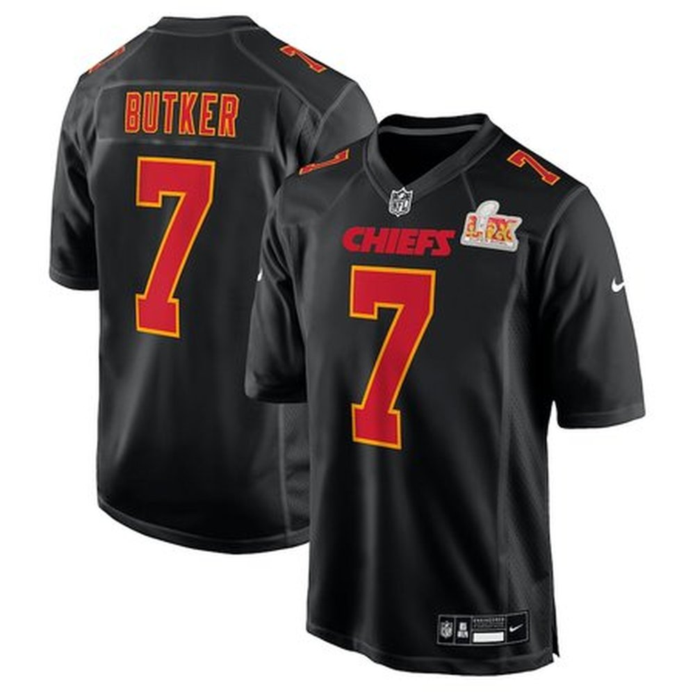 Men's Kansas City Chiefs Harrison Butker Carbon Black Super Bowl LIX Fashion Game Jersey 