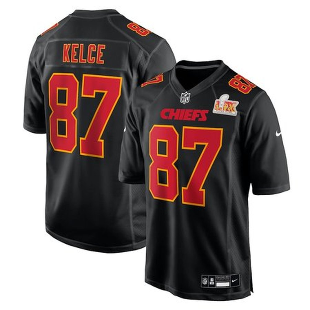 Men's Kansas City Chiefs Travis Kelce Carbon Black Super Bowl LIX Fashion Game Jersey 