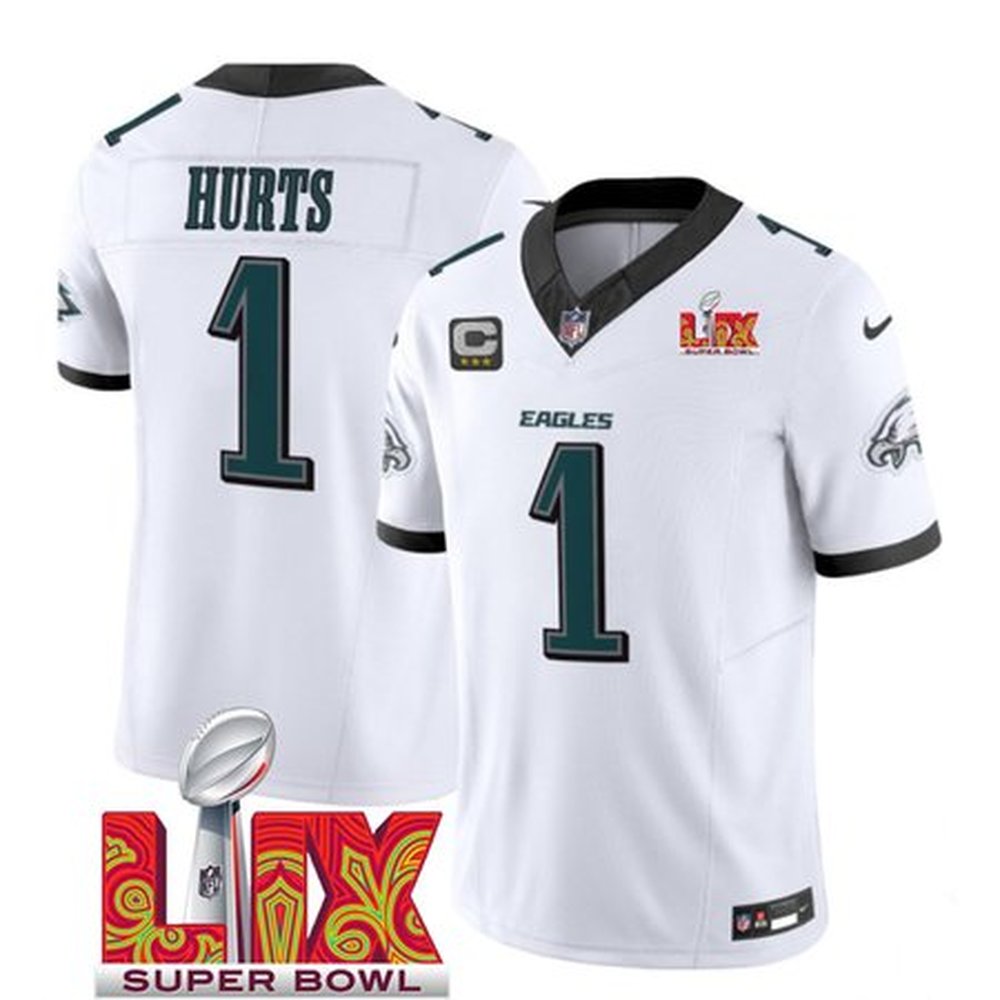 Men's Philadelphia Eagles #1 Jalen Hurts White 2025 Super Bowl LIX Patch And 3-Star C Patch New F.U.S.E. Vapor Untouchable Limited Stitched Football Jersey 