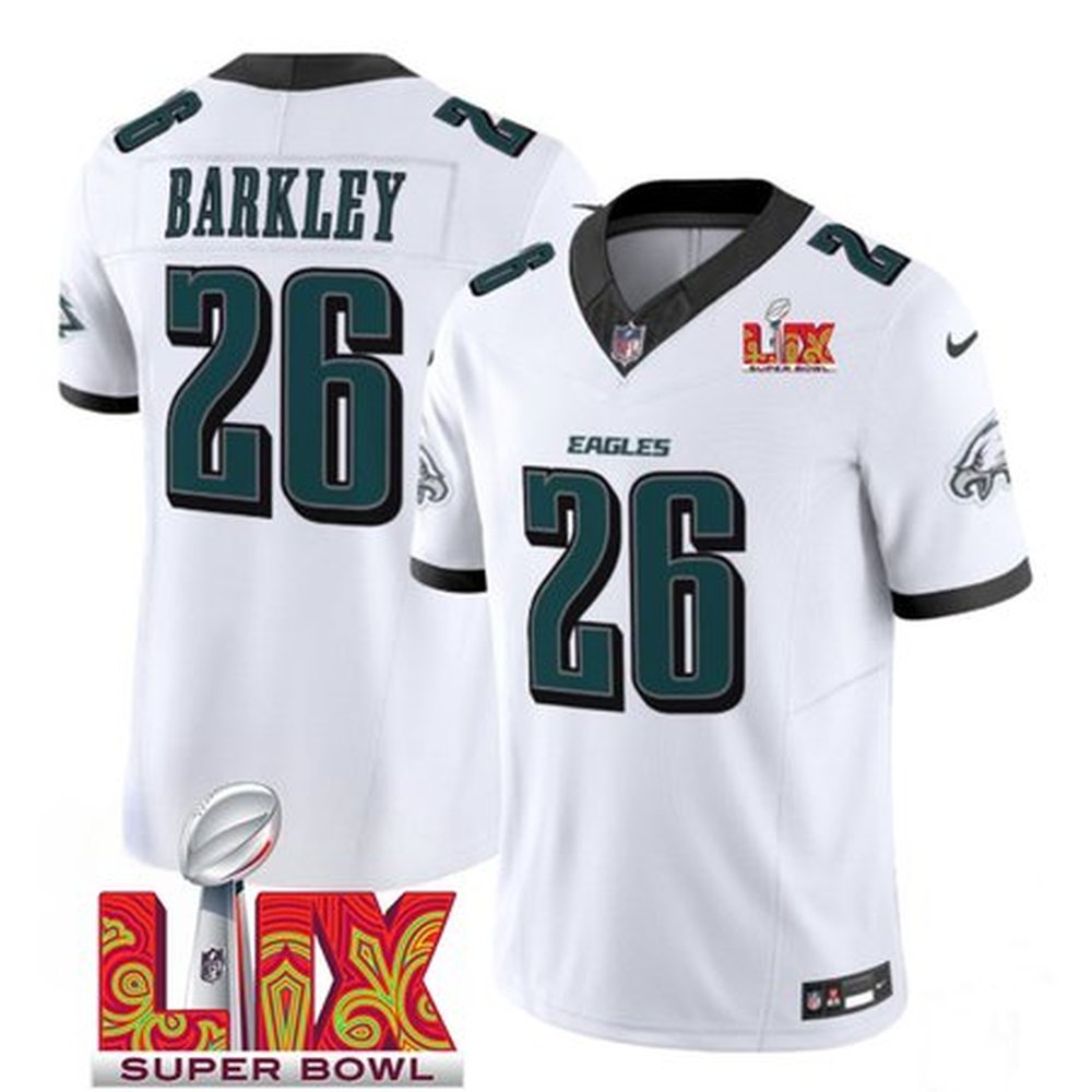 Men's Philadelphia Eagles #26 Saquon Barkley White 2025 Super Bowl LIX Patch New F.U.S.E. Vapor Untouchable Limited Stitched Football Jersey 