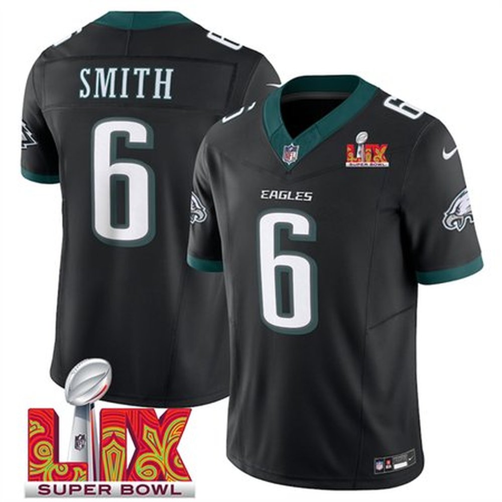 Men's Philadelphia Eagles #6 DeVonta Smith Black 2025 Super Bowl LIX Patch New F.U.S.E. Vapor Limited Stitched Football Jersey 