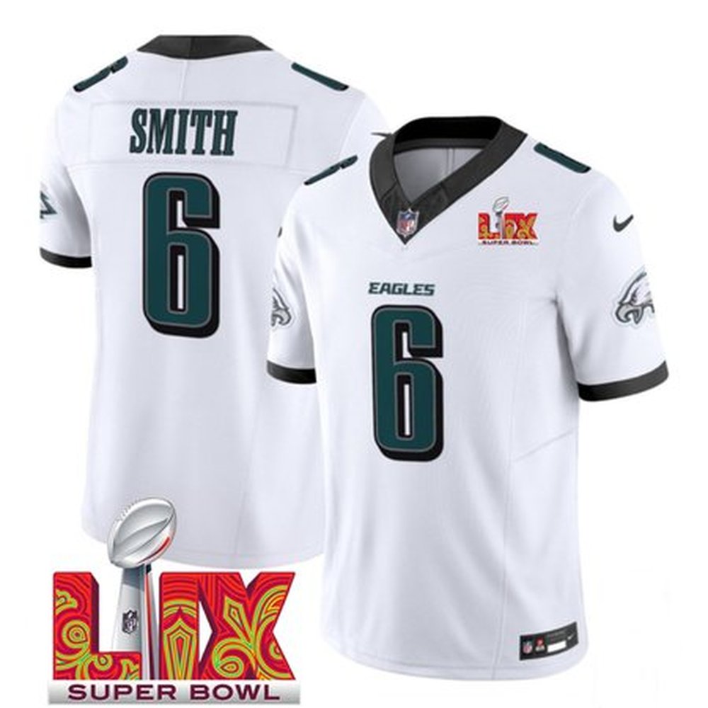 Men's Philadelphia Eagles #6 DeVonta Smith White 2025 Super Bowl LIX Patch New F.U.S.E. Vapor Untouchable Limited Stitched Football Jersey 