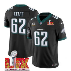 Men's Philadelphia Eagles #62 Jason Kelce Black 2025 Super Bowl LIX Patch And 4-Star C Patch New F.U.S.E. Vapor Limited Stitched Football Jersey 