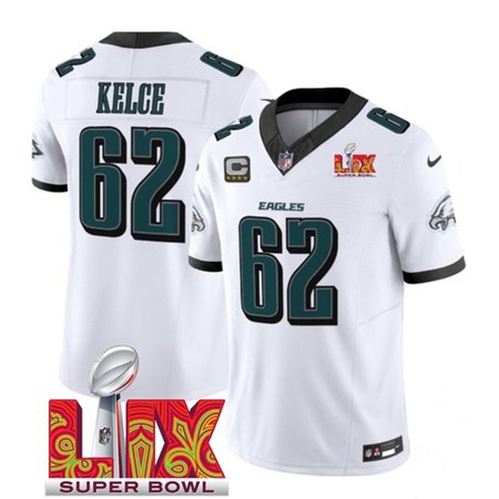 Men's Philadelphia Eagles #62 Jason Kelce White 2025 Super Bowl LIX Patch And 4-Star C Patch New F.U.S.E. Vapor Limited Stitched Football Jersey 