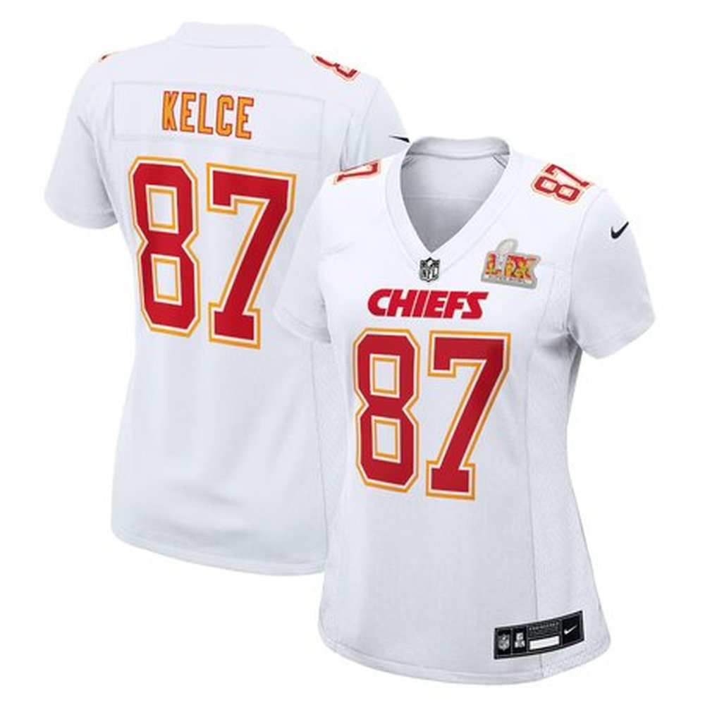 Women's Kansas City Chiefs Travis Kelce Tundra White Super Bowl LIX Fashion Game Jersey 