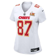 Women's Kansas City Chiefs Travis Kelce Tundra White Super Bowl LIX Fashion Game Jersey 