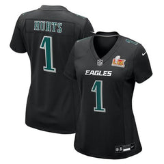Women's Philadelphia Eagles Jalen Hurts Carbon Black Super Bowl LIX Fashion Game Player Jersey 