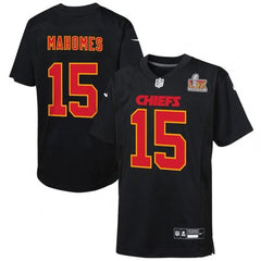 Youth Kansas City Chiefs Patrick Mahomes Carbon Black Super Bowl LIX Patch Fashion Game Jersey 