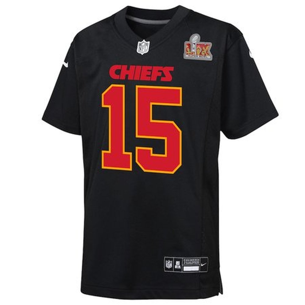 Youth Kansas City Chiefs Patrick Mahomes Carbon Black Super Bowl LIX Patch Fashion Game Jersey 