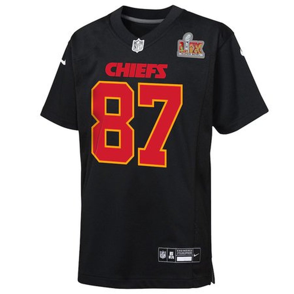 Youth Kansas City Chiefs Travis Kelce Carbon Black Super Bowl LIX Patch Fashion Game Jersey 