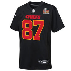 Youth Kansas City Chiefs Travis Kelce Carbon Black Super Bowl LIX Patch Fashion Game Jersey 