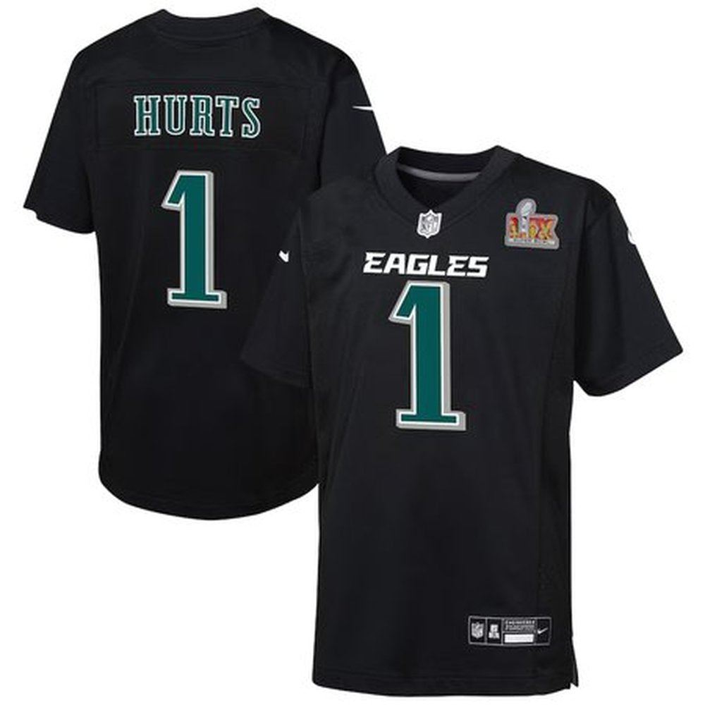 Youth Philadelphia Eagles Jalen Hurts Carbon Black Super Bowl LIX Patch Fashion Game Player Jersey 