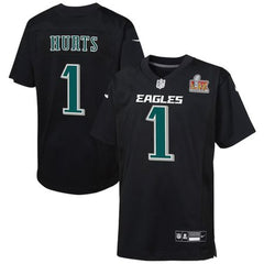 Youth Philadelphia Eagles Jalen Hurts Carbon Black Super Bowl LIX Patch Fashion Game Player Jersey 