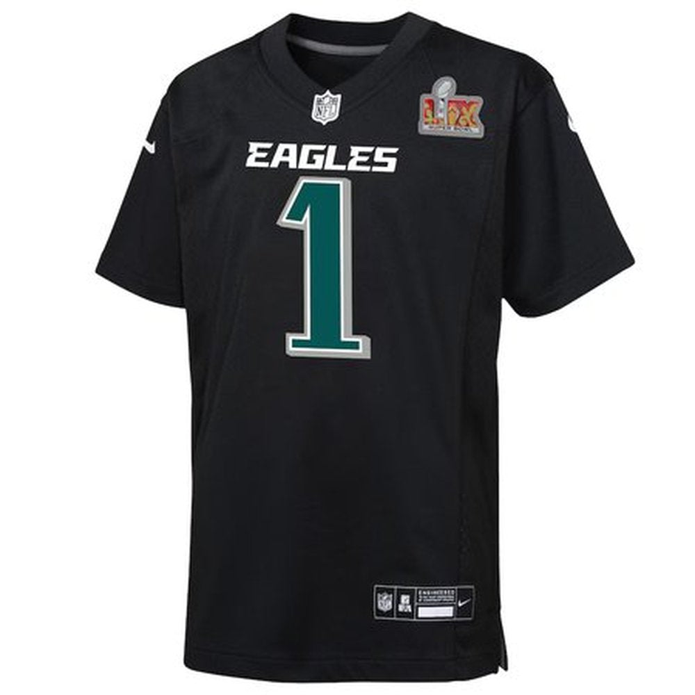 Youth Philadelphia Eagles Jalen Hurts Carbon Black Super Bowl LIX Patch Fashion Game Player Jersey 