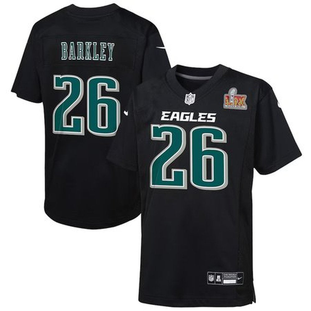 Youth Philadelphia Eagles Saquon Barkley Carbon Black Super Bowl LIX Patch Fashion Game Player Jersey 