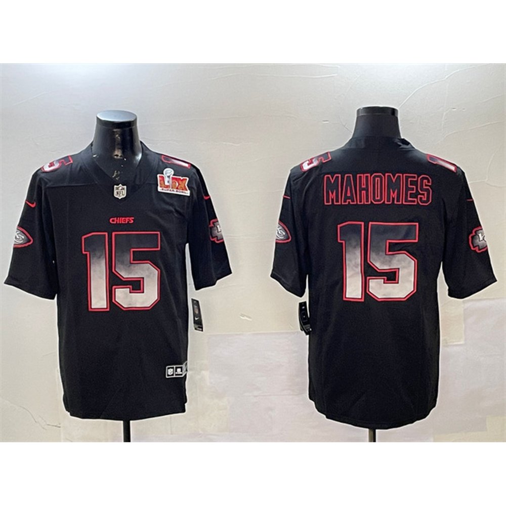 Men's Kansas City Chiefs #15 Patrick Mahomes Black 2025 Super Bowl LIX Patch Smoke Fashion Vapor Limited Stitched Football Jersey 