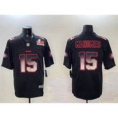 Men's Kansas City Chiefs #15 Patrick Mahomes Black 2025 Super Bowl LIX Patch Smoke Fashion Vapor Limited Stitched Football Jersey 