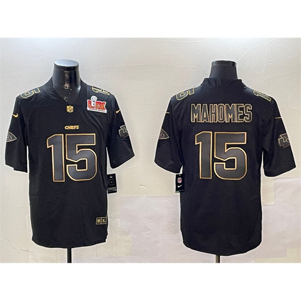 Men's Kansas City Chiefs #15 Patrick Mahomes Black/Gold 2025 Super Bowl LIX Patch Vapor Limited Stitched Football Jersey 