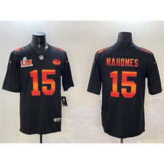Men's Kansas City Chiefs #15 Patrick Mahomes Black 2025 Super Bowl LIX Patch Fashion Vapor Limited Stitched Football Jersey 