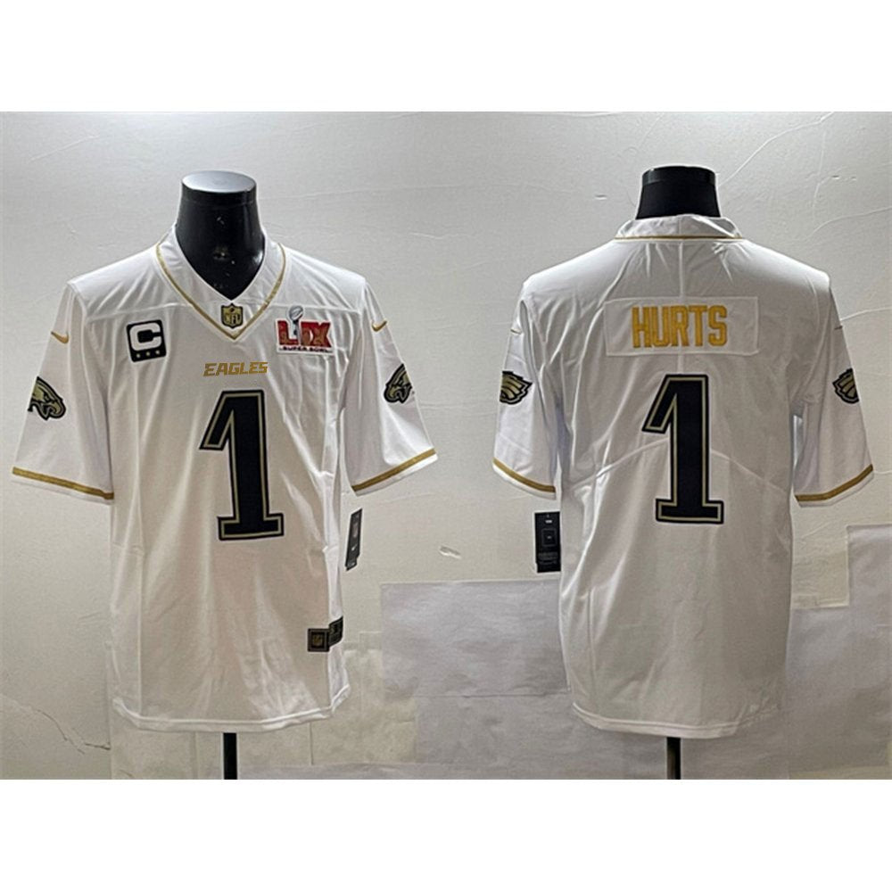 Men's Philadelphia Eagles #1 Jalen Hurts White/Gold 2025 Super Bowl LIX Patch And 3-star C Patch Salute To Service Vapor Untouchable Limited Stitched Football Jersey 