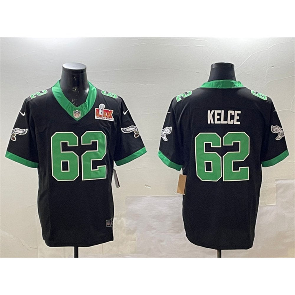 Men's Philadelphia Eagles #62 Jason Kelce Black 2025 Super Bowl LIX Patch F.U.S.E. Vapor Untouchable Limited Stitched Football Jersey 