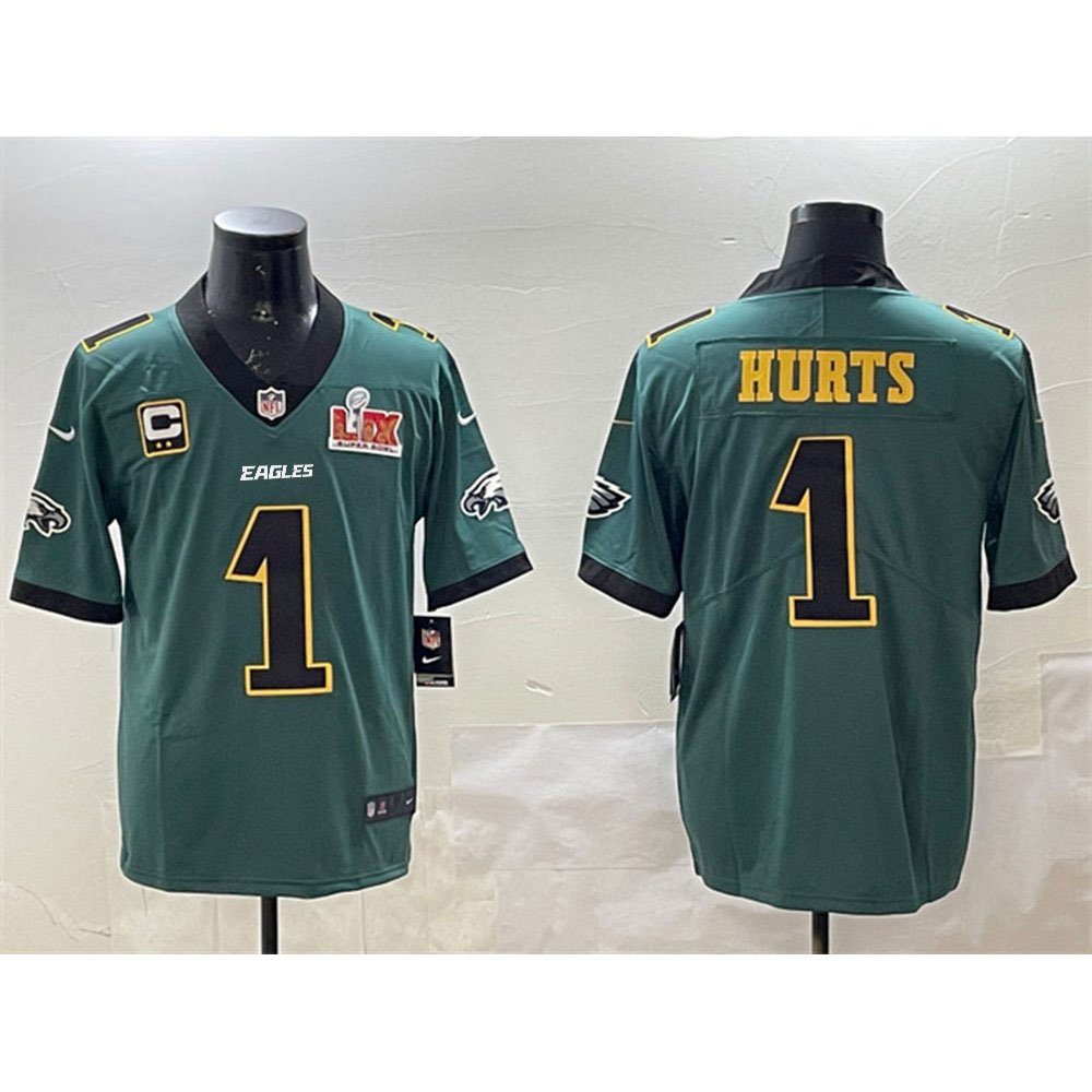 Men's Philadelphia Eagles #1 Jalen Hurts Green Golden 2025 Super Bowl LIX Patch And 2-star C Patch Vapor Untouchable Limited Stitched Football Jersey 