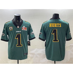 Men's Philadelphia Eagles #1 Jalen Hurts Green Golden 2025 Super Bowl LIX Patch And 2-star C Patch Vapor Untouchable Limited Stitched Football Jersey 