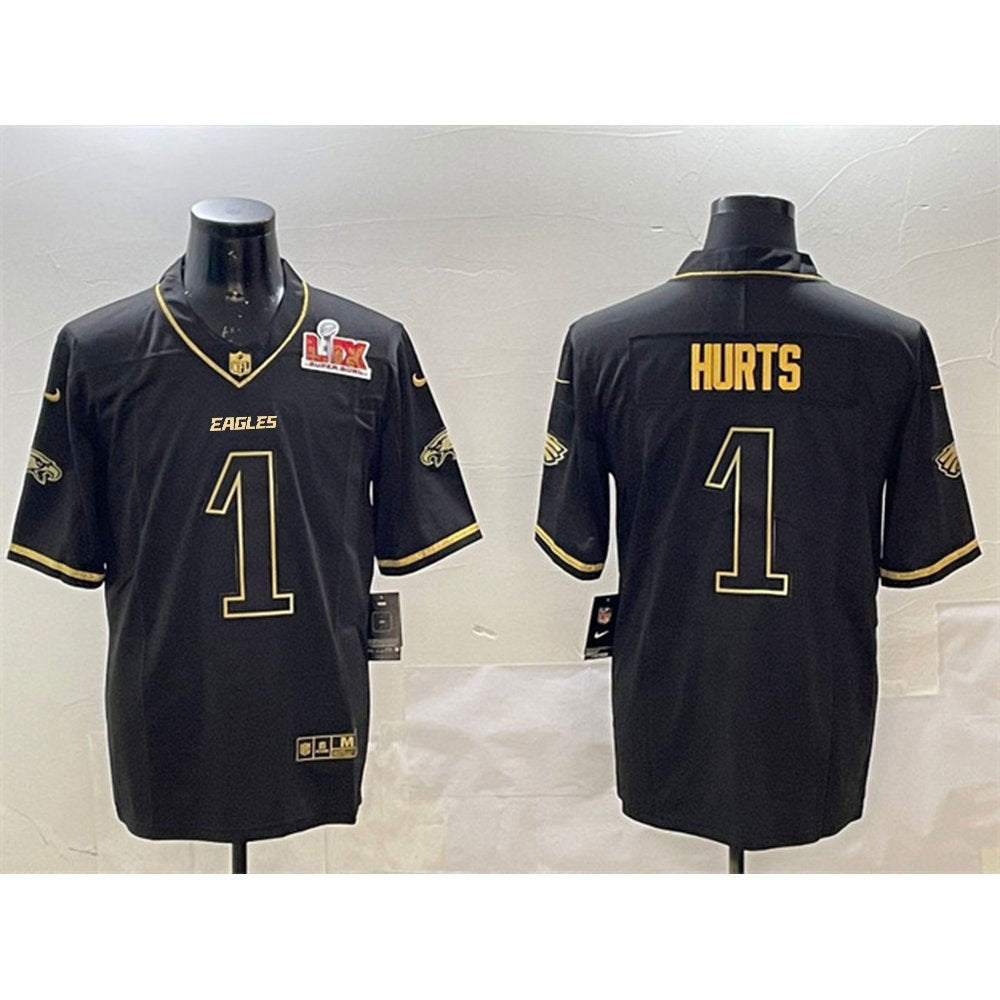 Men's Philadelphia Eagles #1 Jalen Hurts Black/Gold 2025 Super Bowl LIX Patch Salute To Service Vapor Untouchable Limited Stitched Football Jersey 