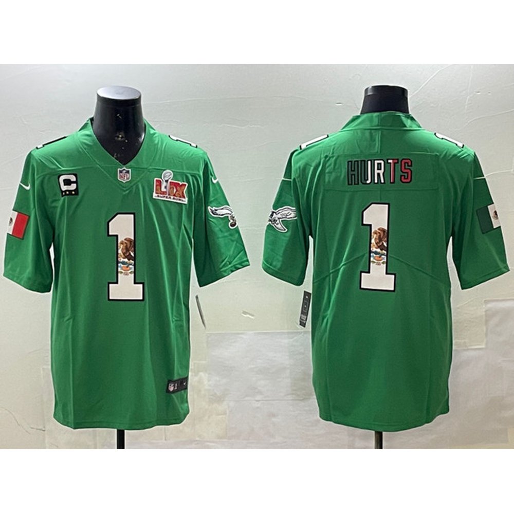 Men's Philadelphia Eagles #1 Jalen Hurts Green Mexico 2025 Super Bowl LIX Patch And 3-star C Patch Vapor Untouchable Limited Stitched Football Jersey 