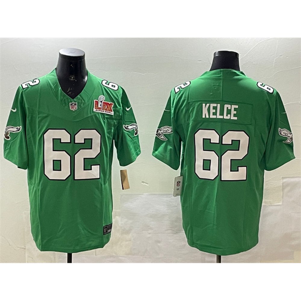 Men's Philadelphia Eagles #62 Jason Kelce Green 2025 Super Bowl LIX Patch F.U.S.E. Throwback Vapor Untouchable Limited Stitched Football Jersey 