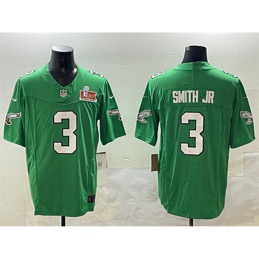 Men's Philadelphia Eagles #3 Nolan Smith Jr. Green 2025 Super Bowl LIX Patch F.U.S.E. Throwback Vapor Untouchable Limited Stitched Football Jersey 