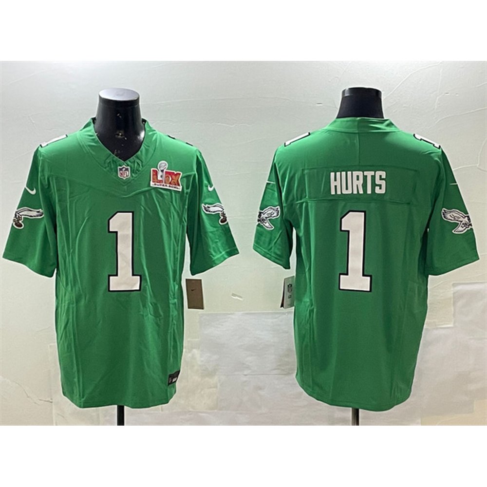 Men's Philadelphia Eagles #1 Jalen Hurts Green 2025 Super Bowl LIX Patch F.U.S.E. Throwback Vapor Untouchable Limited Stitched Football Jersey 