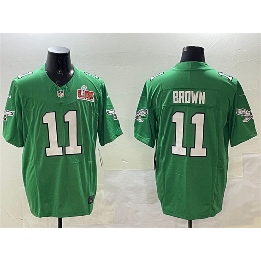 Men's Philadelphia Eagles #11 A.J. Brown Green 2025 Super Bowl LIX Patch F.U.S.E. Throwback Vapor Untouchable Limited Stitched Football Jersey 