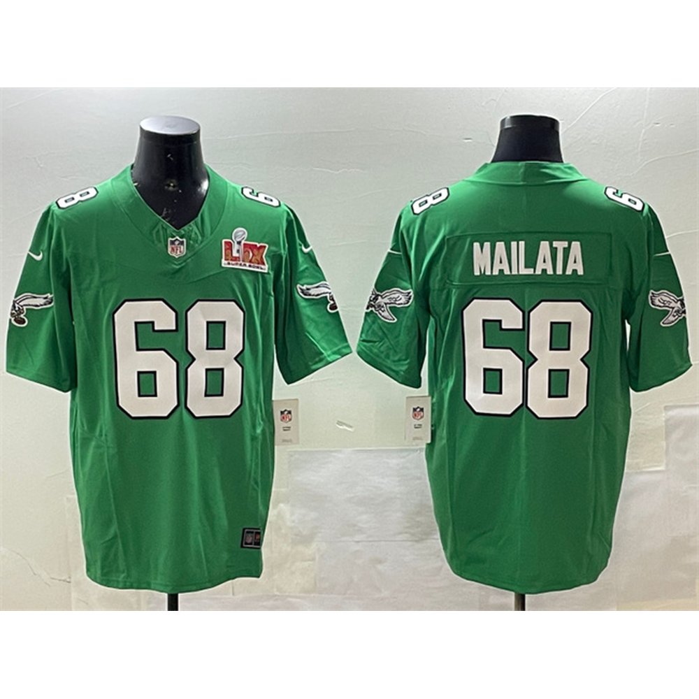 Men's Philadelphia Eagles #68 Jordan Mailata Green 2025 Super Bowl LIX Patch F.U.S.E. Throwback Vapor Untouchable Limited Stitched Football Jersey 