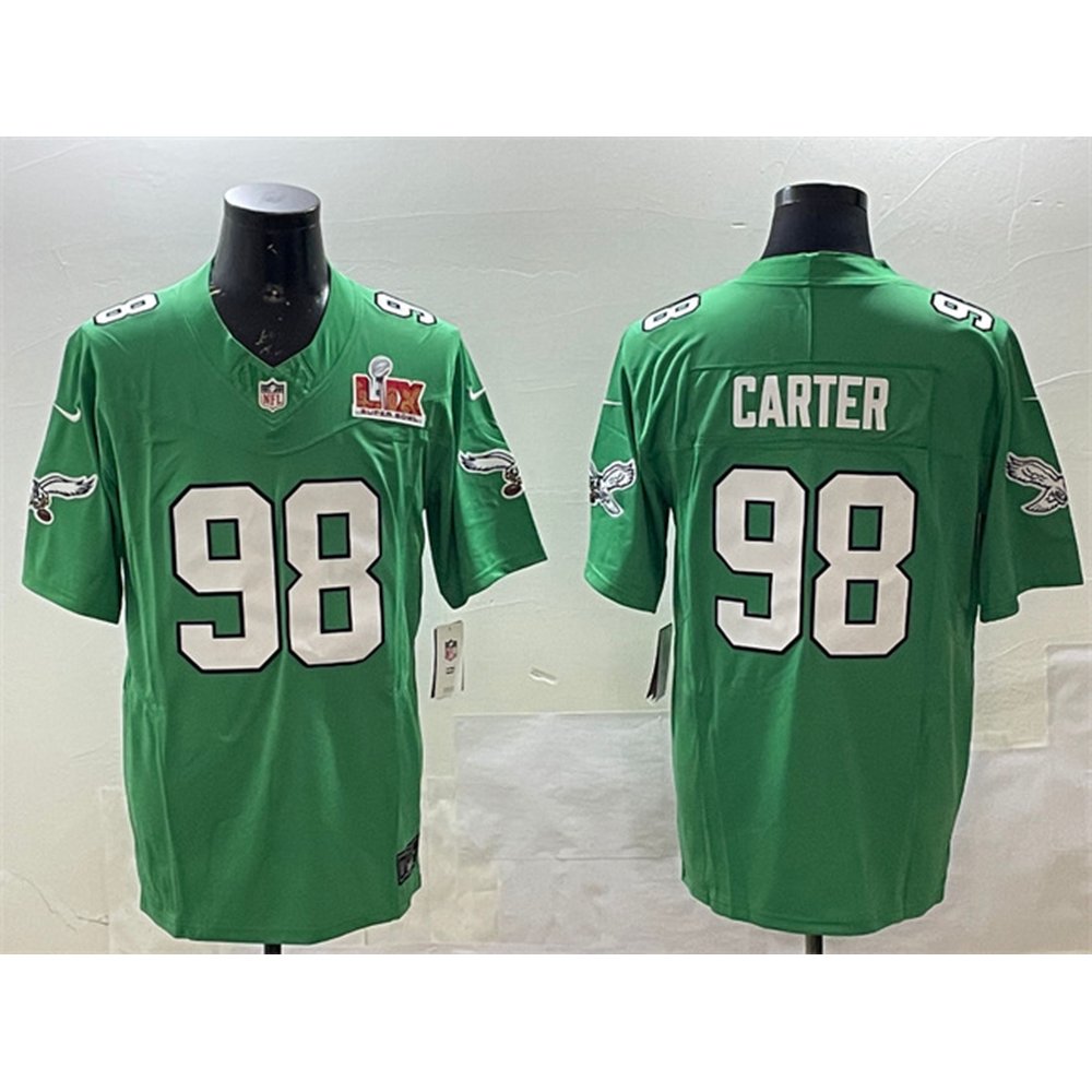 Men's Philadelphia Eagles #98 Jalen Carter Green 2025 Super Bowl LIX Patch F.U.S.E. Throwback Vapor Untouchable Limited Stitched Football Jersey 