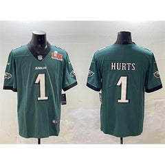 Men's Philadelphia Eagles #1 Jalen Hurts Green 2025 Super Bowl LIX Patch Vapor Untouchable Limited Stitched Football Jersey 
