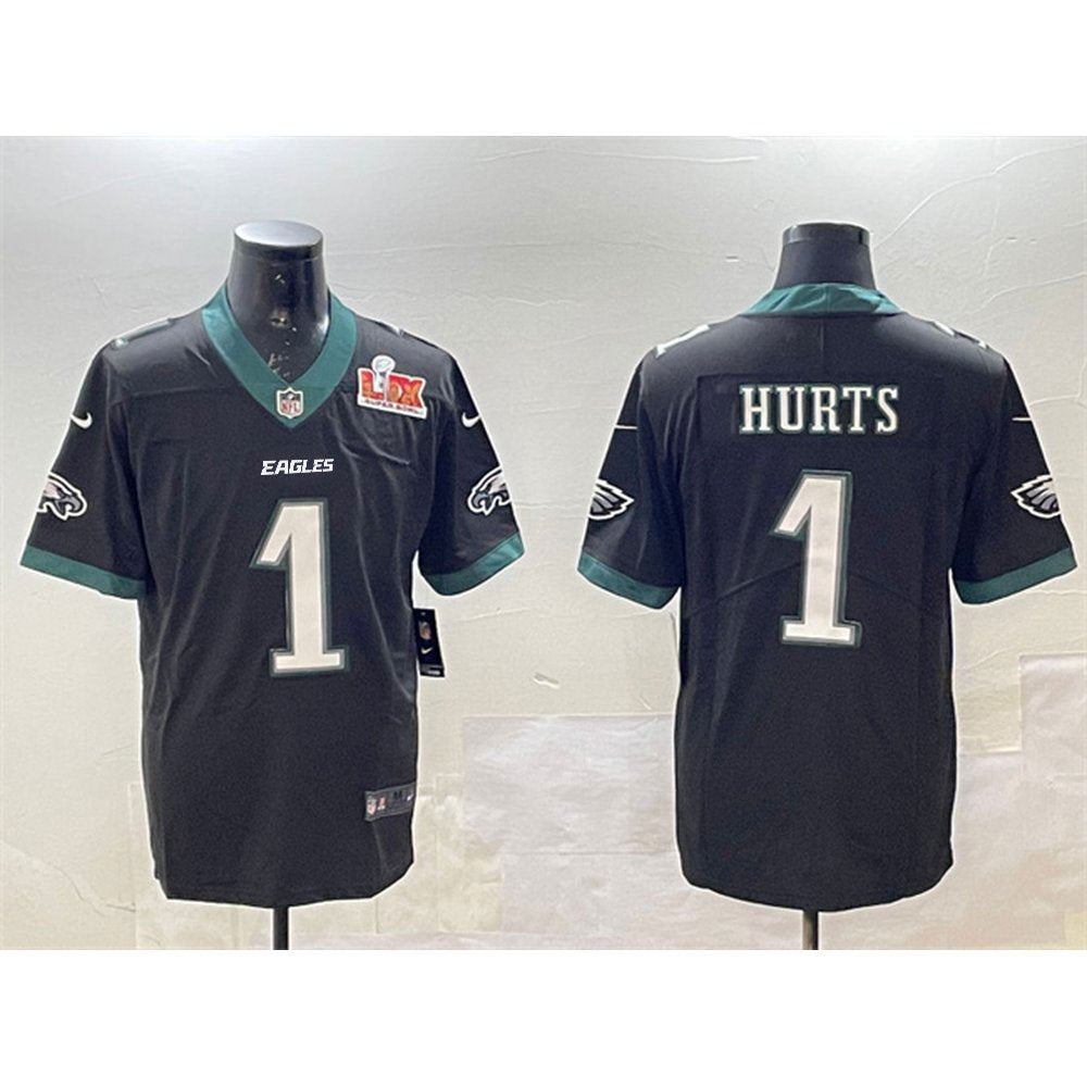 Men's Philadelphia Eagles #1 Jalen Hurts Black 2025 Super Bowl LIX Patch Vapor Untouchable Limited Stitched Football Jersey 