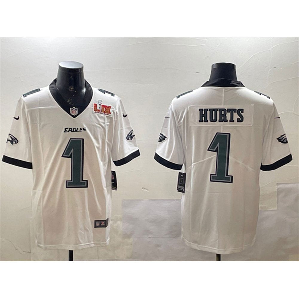 Men's Philadelphia Eagles #1 Jalen Hurts White 2025 Super Bowl LIX Patch Vapor Untouchable Limited Stitched Football Jersey 