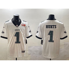 Men's Philadelphia Eagles #1 Jalen Hurts White 2025 Super Bowl LIX Patch Vapor Untouchable Limited Stitched Football Jersey 