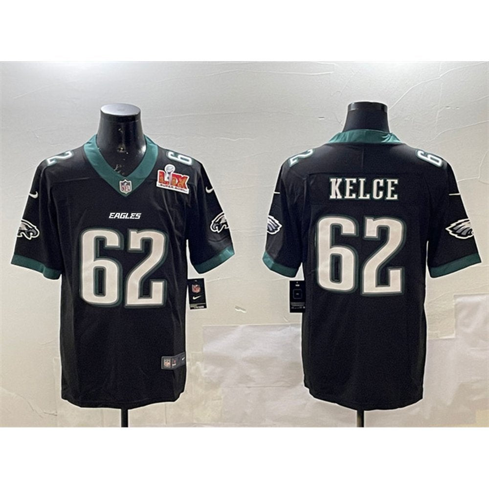 Men's Philadelphia Eagles #62 Jason Kelce Black 2025 Super Bowl LIX Patch Vapor Untouchable Limited Stitched Football Jersey 