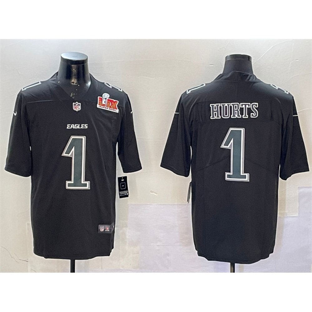 Men's Philadelphia Eagles #1 Jalen Hurts Black 2025 Super Bowl LIX Patch Fashion Vapor Untouchable Limited Stitched Football Jersey 