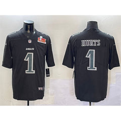 Men's Philadelphia Eagles #1 Jalen Hurts Black 2025 Super Bowl LIX Patch Fashion Vapor Untouchable Limited Stitched Football Jersey 