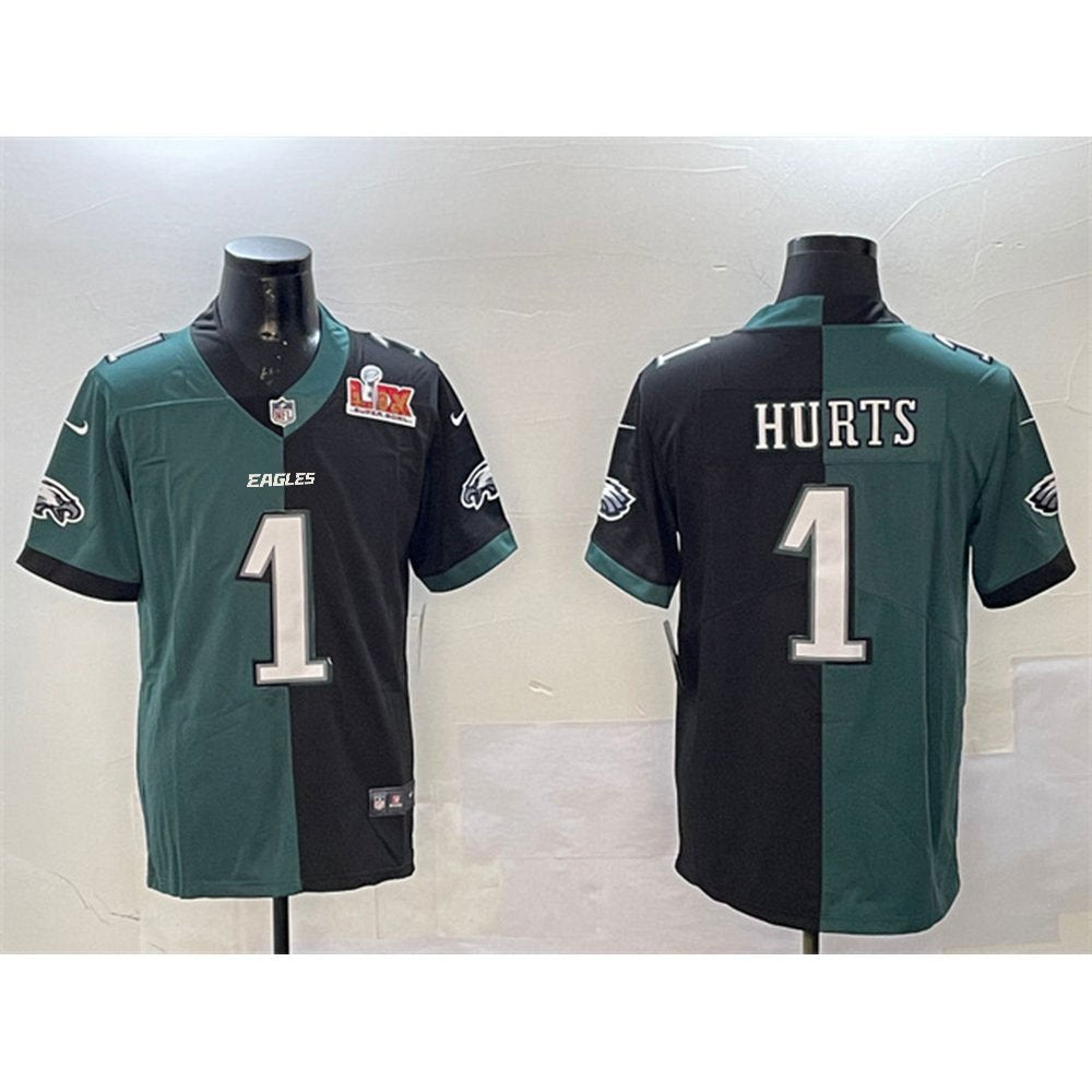 Men's Philadelphia Eagles #1 Jalen Hurts Green & Black Split 2025 Super Bowl LIX Patch Vapor Untouchable Limited Stitched Football Jersey 