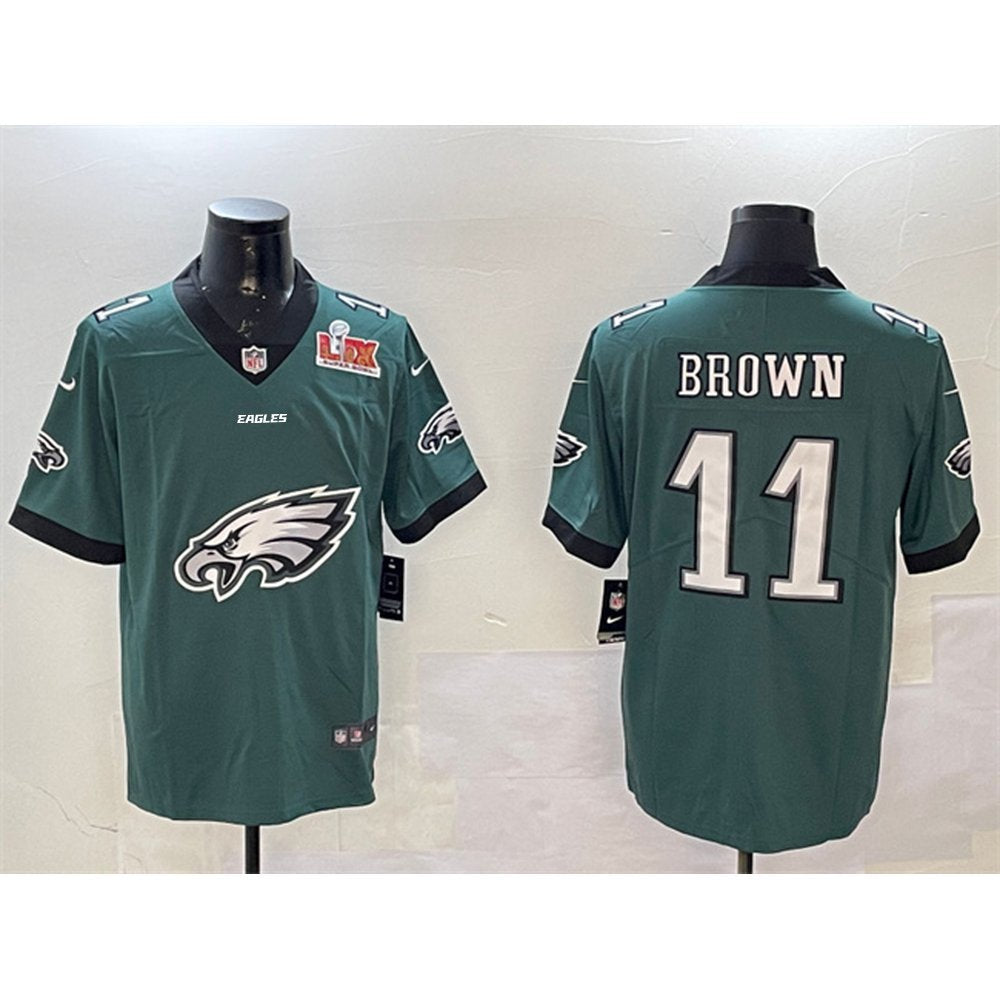 Men's Philadelphia Eagles #11 A. J. Brown Green 2025 Super Bowl LIX Patch Team Big Logo Vapor Untouchable Limited Stitched Football Jersey 
