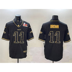 Men's Philadelphia Eagles #11 A. J. Brown Black/Gold 2025 Super Bowl LIX Patch Salute To Service Vapor Untouchable Limited Stitched Football Jersey 