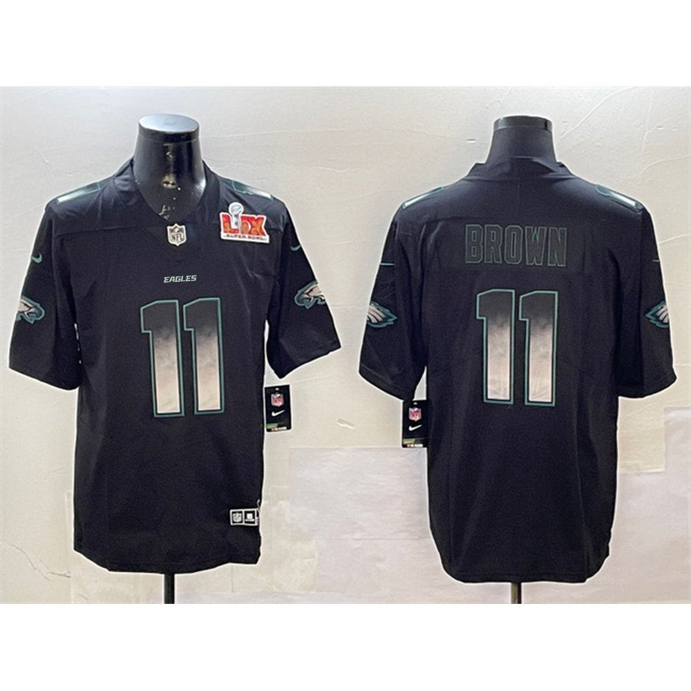 Men's Philadelphia Eagles #11 A. J. Brown Black 2025 Super Bowl LIX Patch Smoke Fashion Vapor Untouchable Limited Stitched Football Jersey 
