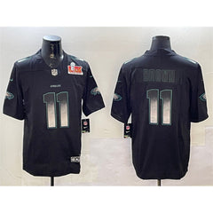 Men's Philadelphia Eagles #11 A. J. Brown Black 2025 Super Bowl LIX Patch Smoke Fashion Vapor Untouchable Limited Stitched Football Jersey 
