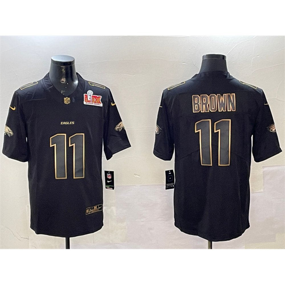 Men's Philadelphia Eagles #11 A. J. Brown Black/Gold 2025 Super Bowl LIX Patch Vapor Untouchable Limited Stitched Football Jersey 