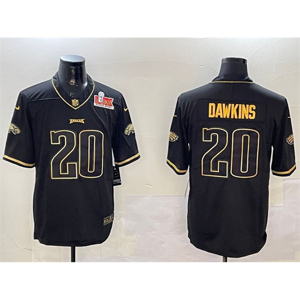 Men's Philadelphia Eagles #20 Brian Dawkins Black/Gold 2025 Super Bowl LIX Patch Salute To Service Vapor Untouchable Limited Stitched Football Jersey 