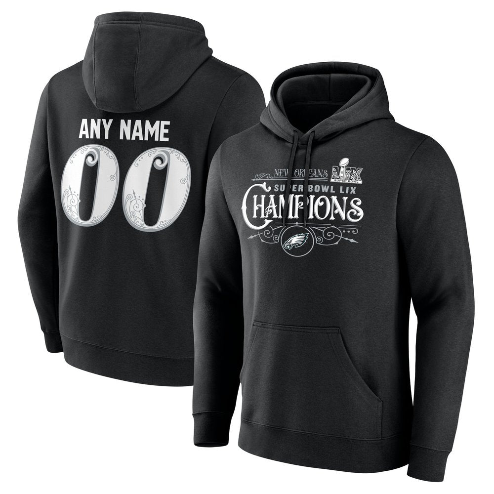 Men's Philadelphia Eagles Black Super Bowl LIX Champions Custom Name & Number Pullover Hoodie 